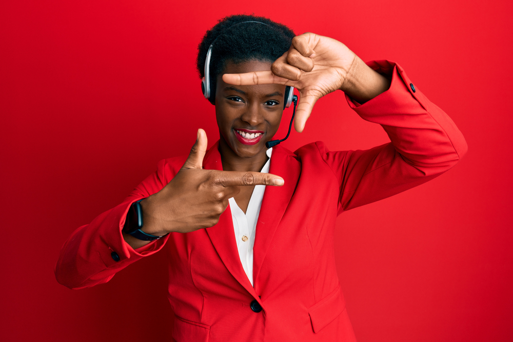 Young,African,American,Girl,Wearing,Call,Center,Agent,Headset,Smiling